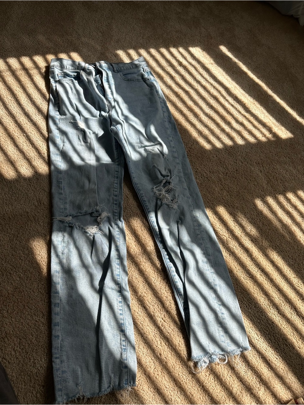 Express Light Blue Distressed Straight Leg Jeans